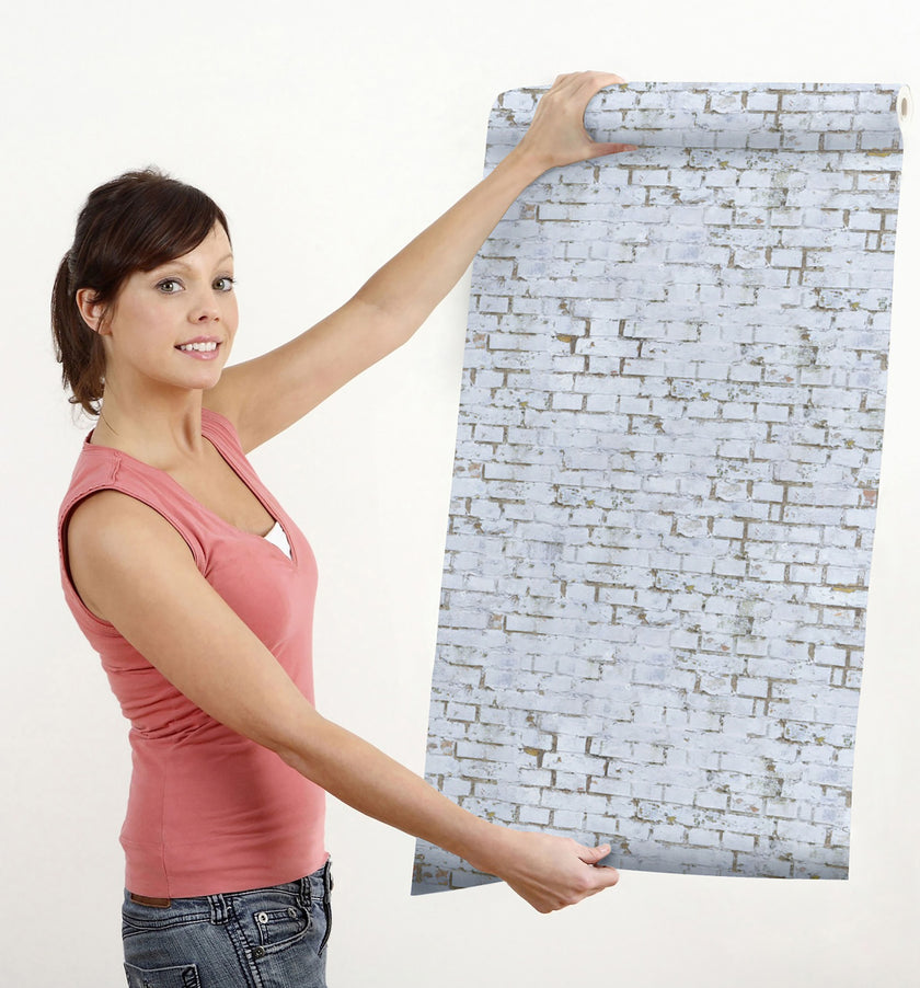 GW7041 White Painted Brick Peel and Stick Wallpaper Roll 19 inch Wide x 18 ft. Long White Gray