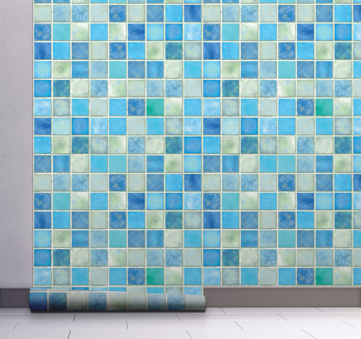 GW7051 Mosaic Tiles Peel and Stick Wallpaper Roll 19 inch Wide x 18 ft. Long Blue Green