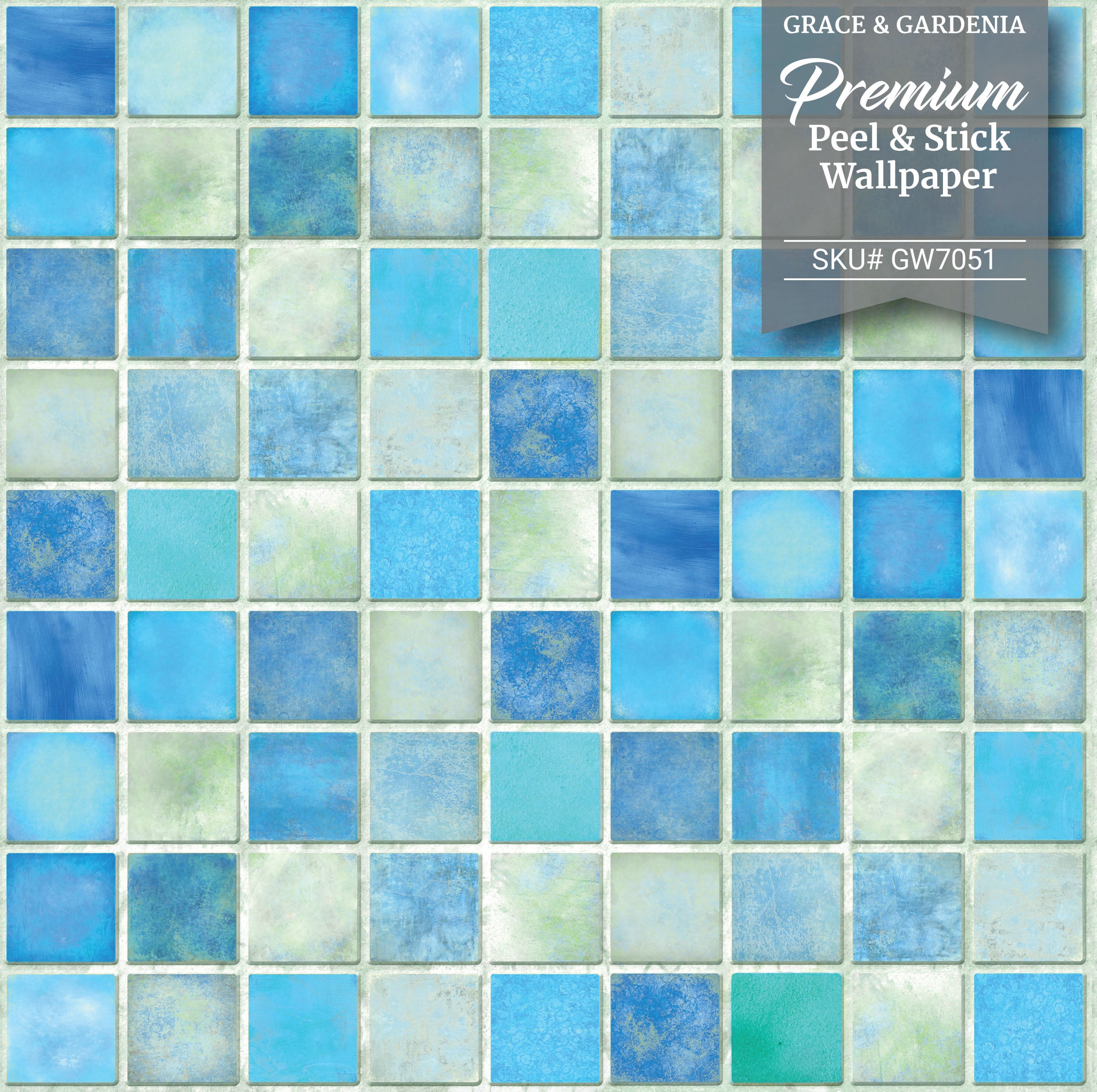 GW7051 Grace & Gardenia Mosaic Tiles Peel and Stick Wallpaper Roll 20.5 inch Wide x 18 ft. Long, Blue/Green