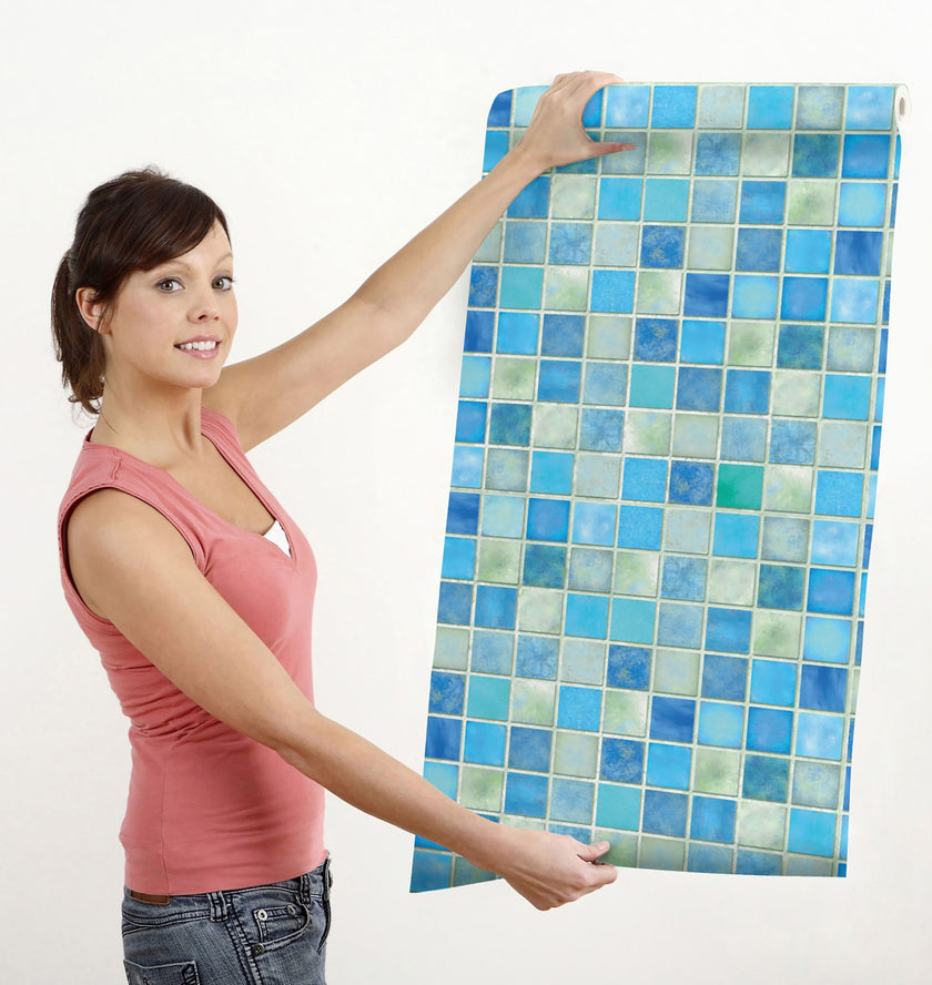 GW7051 Mosaic Tiles Peel and Stick Wallpaper Roll 19 inch Wide x 18 ft. Long Blue Green