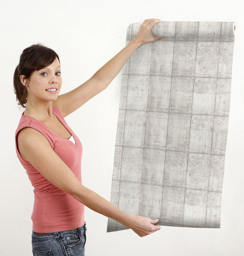 GW7062 Vertical Concrete Blocks Peel and Stick Wallpaper Roll 19 inch Wide x 18 ft. Long White Gray
