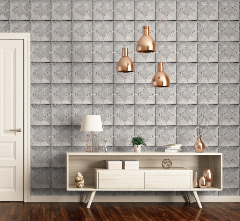 GW7071 Concrete Geometric Tile Peel and Stick Wallpaper Roll 19 inch Wide x 18 ft. Long Gray