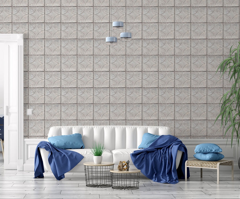 GW7071 Concrete Geometric Tile Peel and Stick Wallpaper Roll 19 inch Wide x 18 ft. Long Gray