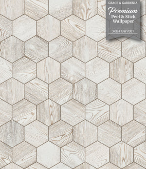 GW7081 Wooden Hexagon Pattern Peel and Stick Wallpaper Roll 19 inch Wide x 18 ft. Long Beige