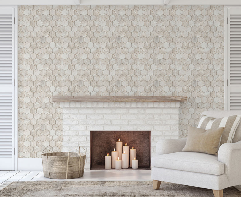 GW7081 Wooden Hexagon Pattern Peel and Stick Wallpaper Roll 19 inch Wide x 18 ft. Long Beige