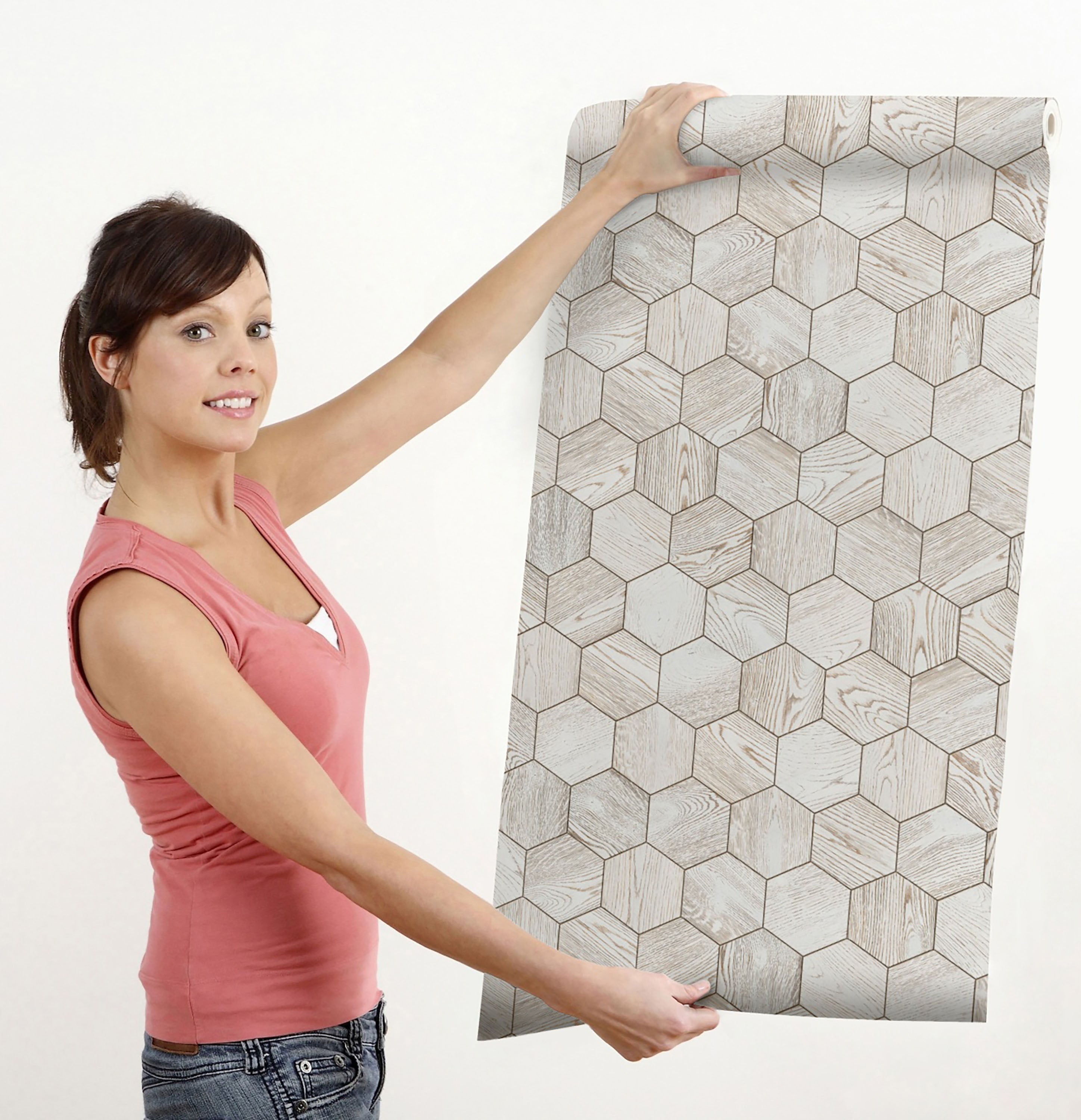 GW7081 Grace & Gardenia Wooden Hexagon Pattern Peel and Stick Wallpaper Roll 20.5 inch Wide x 18 ft. Long, Beige