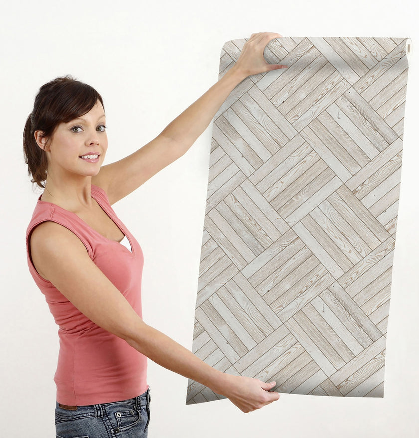 GW7091 Diagonal Wooden Pattern Peel and Stick Wallpaper Roll 19 inch Wide x 18 ft. Long Beige