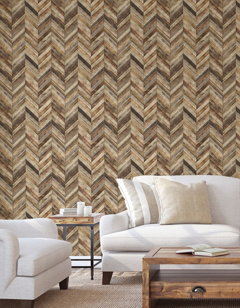 GW7101 Wooden Chevron Pattern Peel and Stick Wallpaper Roll 19 inch Wide x 18 ft. Long Brown