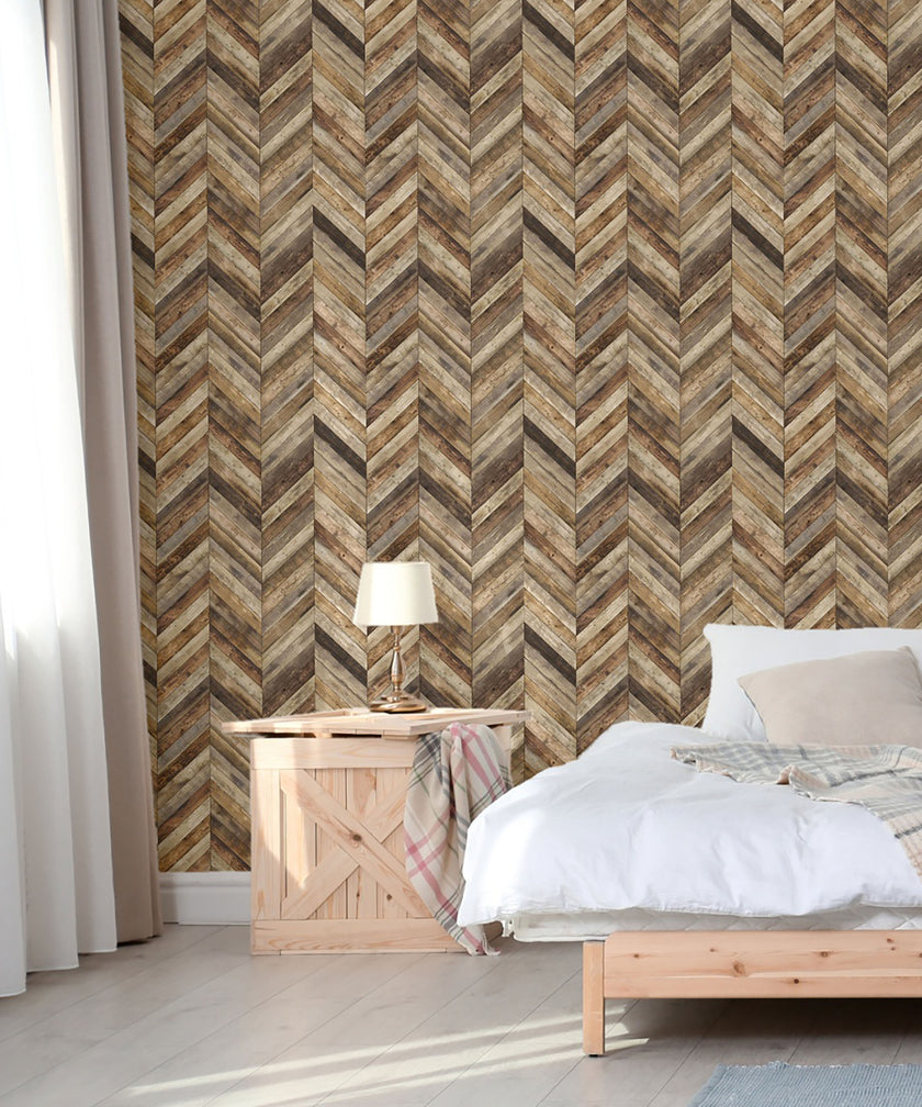 GW7101 Wooden Chevron Pattern Peel and Stick Wallpaper Roll 19 inch Wide x 18 ft. Long Brown