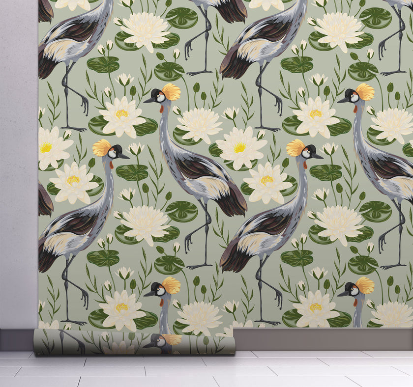 GW8011 Exotic Crested Royal Cranes and Peel Stick Wallpaper Roll 19 inch Wide x 18 ft. Long Green Gray White