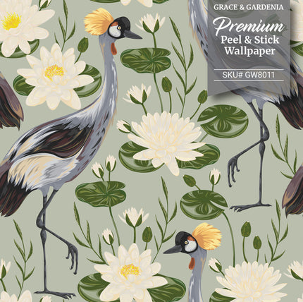 GW8011 Exotic Crested Royal Cranes and Peel Stick Wallpaper Roll 19 inch Wide x 18 ft. Long Green Gray White