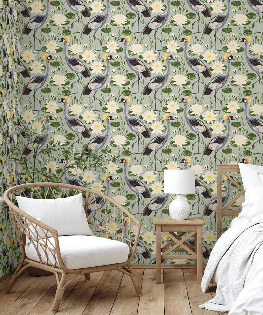 GW8011 Exotic Crested Royal Cranes and Peel Stick Wallpaper Roll 19 inch Wide x 18 ft. Long Green Gray White