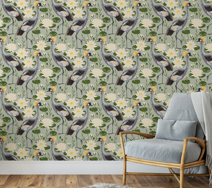 GW8011 Exotic Crested Royal Cranes and Peel Stick Wallpaper Roll 19 inch Wide x 18 ft. Long Green Gray White