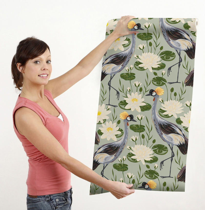 GW8011 Exotic Crested Royal Cranes and Peel Stick Wallpaper Roll 19 inch Wide x 18 ft. Long Green Gray White