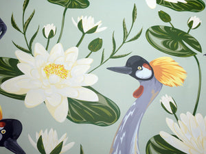 GW8011 Exotic Crested Royal Cranes and Peel Stick Wallpaper Roll 19 inch Wide x 18 ft. Long Green Gray White