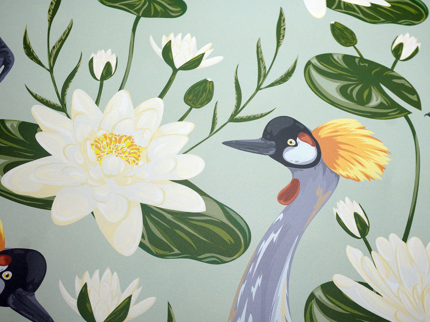 GW8011 Exotic Crested Royal Cranes and Peel Stick Wallpaper Roll 19 inch Wide x 18 ft. Long Green Gray White