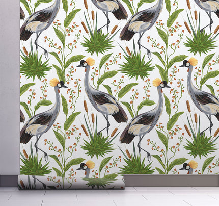 GW8012 Exotic Crested Royal Cranes Peel and Stick Wallpaper Roll 19 inch Wide x 18 ft. Long Green White Gray Brown