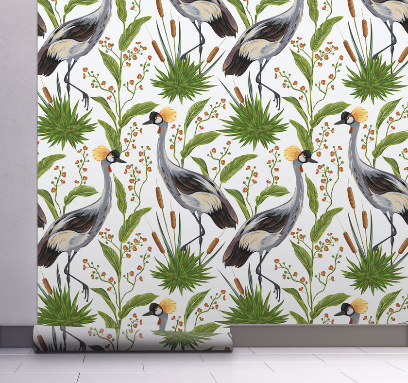 GW8012 Exotic Crested Royal Cranes Peel and Stick Wallpaper Roll 19 inch Wide x 18 ft. Long Green White Gray Brown