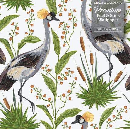 GW8012 Exotic Crested Royal Cranes Peel and Stick Wallpaper Roll 19 inch Wide x 18 ft. Long Green White Gray Brown