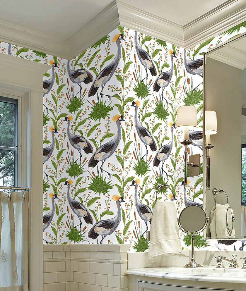 GW8012 Exotic Crested Royal Cranes Peel and Stick Wallpaper Roll 19 inch Wide x 18 ft. Long Green White Gray Brown