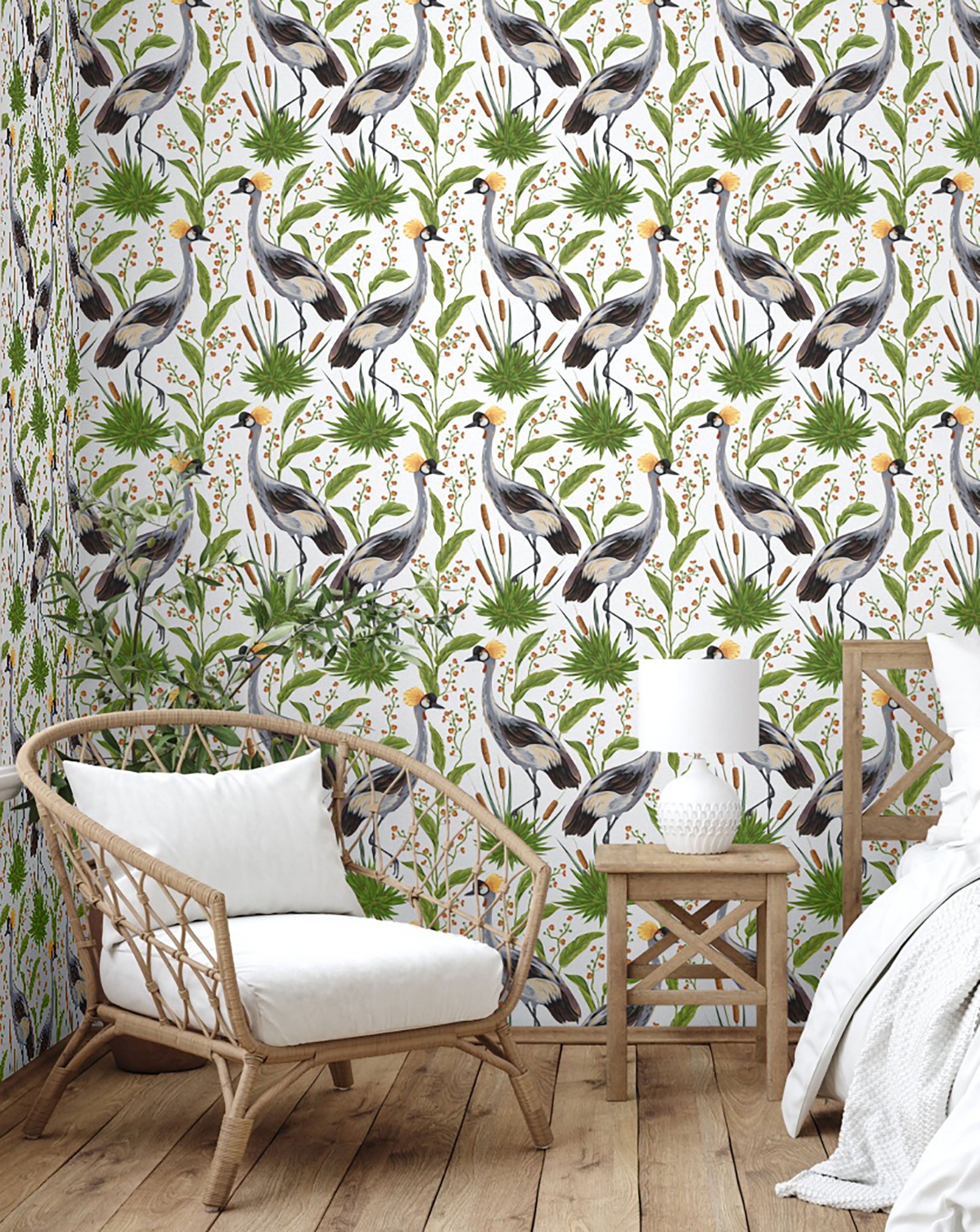 GW8012 Grace & Gardenia Exotic Crested Royal Cranes Peel and Stick Wallpaper Roll 20.5 inch Wide x 18 ft. Long, Green White Gray Brown