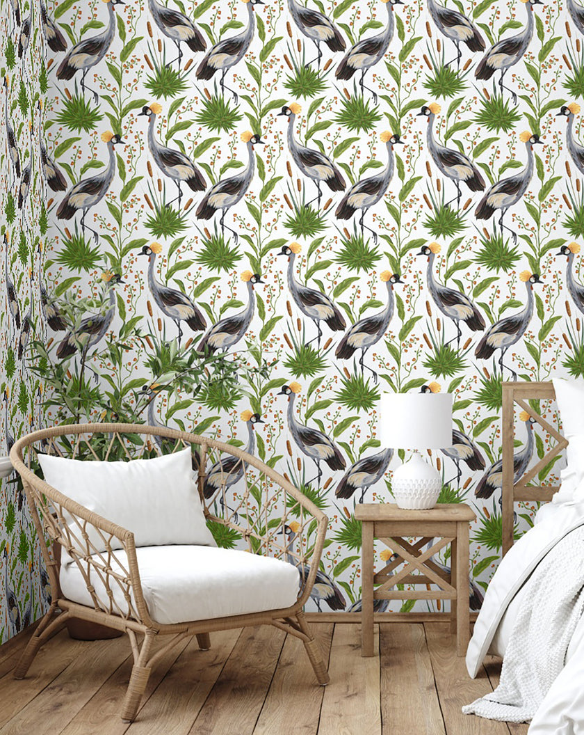 GW8012 Exotic Crested Royal Cranes Peel and Stick Wallpaper Roll 19 inch Wide x 18 ft. Long Green White Gray Brown