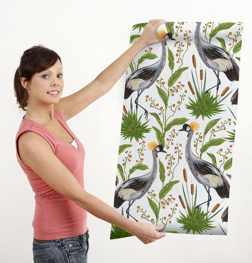 GW8012 Exotic Crested Royal Cranes Peel and Stick Wallpaper Roll 19 inch Wide x 18 ft. Long Green White Gray Brown