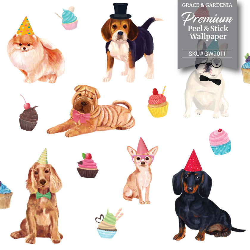 GW9011 Party Dogs and Cupcakes Peel and Stick Wallpaper Roll 19 inch Wide x 18 ft. Long, White Pink Beige Blue