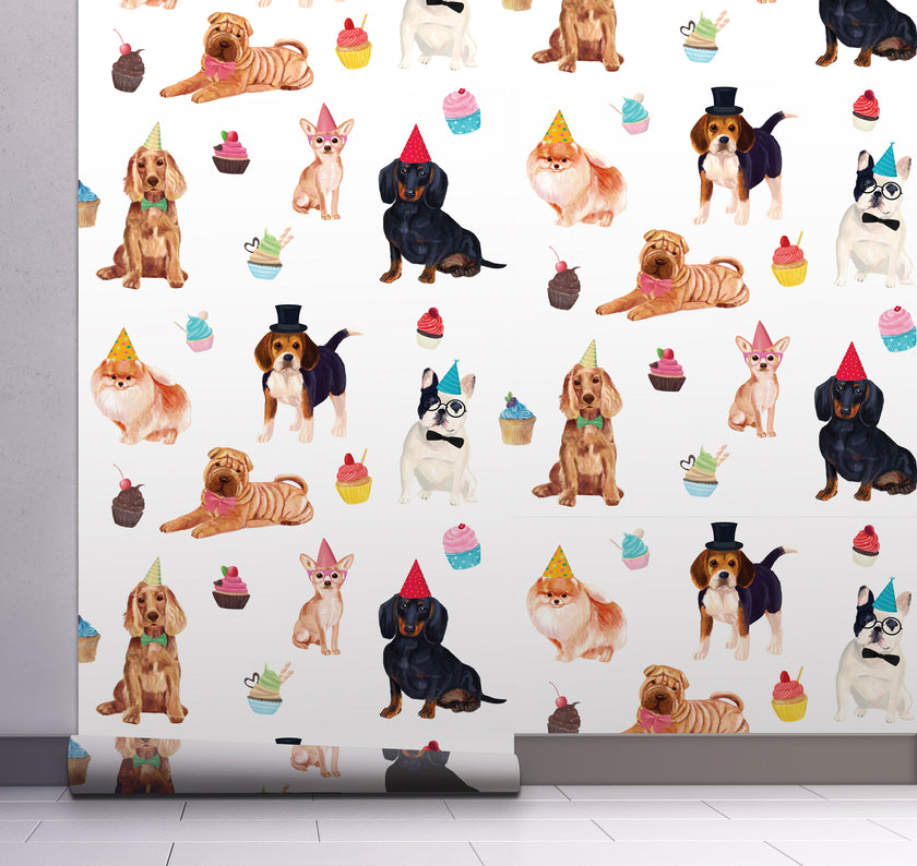 GW9011 Party Dogs and Cupcakes Peel and Stick Wallpaper Roll 19 inch Wide x 18 ft. Long, White Pink Beige Blue