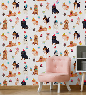 GW9011 Party Dogs and Cupcakes Peel and Stick Wallpaper Roll 19 inch Wide x 18 ft. Long, White Pink Beige Blue