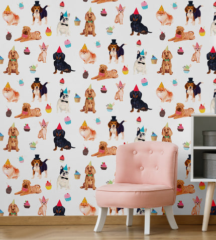 GW9011 Party Dogs and Cupcakes Peel and Stick Wallpaper Roll 19 inch Wide x 18 ft. Long, White Pink Beige Blue