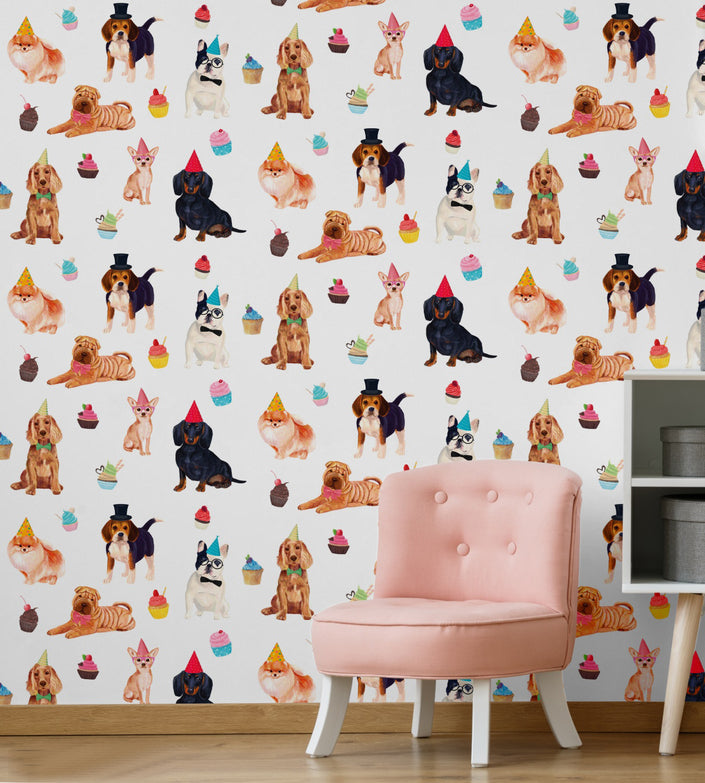 GW9011 Party Dogs and Cupcakes Peel and Stick Wallpaper Roll 19 inch Wide x 18 ft. Long, White Pink Beige Blue