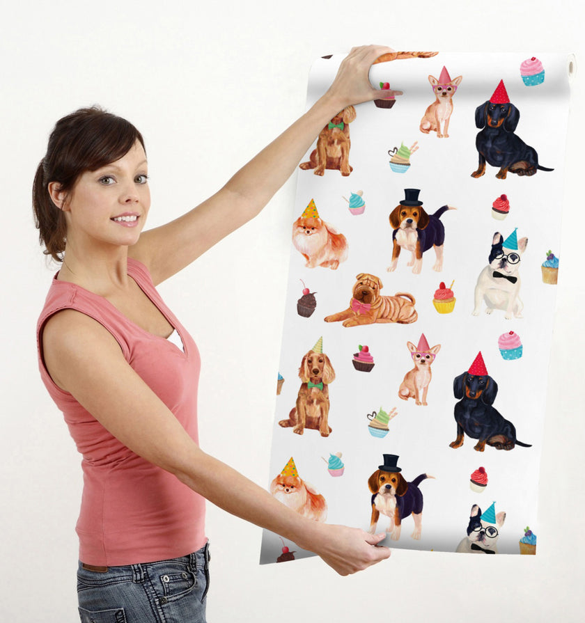GW9011 Party Dogs and Cupcakes Peel and Stick Wallpaper Roll 19 inch Wide x 18 ft. Long, White Pink Beige Blue