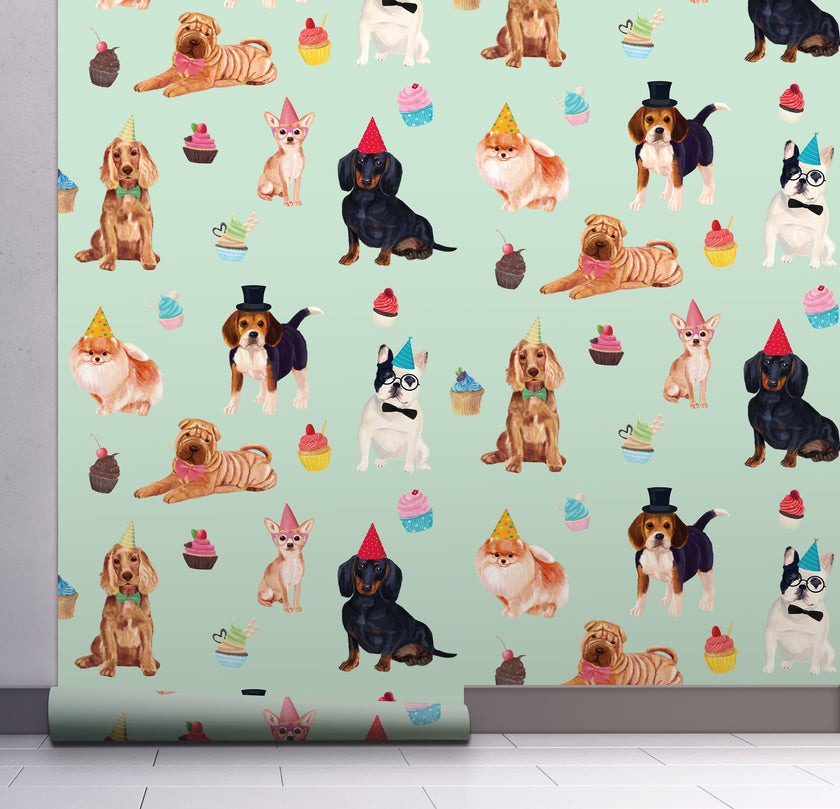 GW9012 Party Dogs and Cupcakes Peel and Stick Wallpaper Roll 19 inch Wide x 18 ft. Long Green Pink Beige Blue