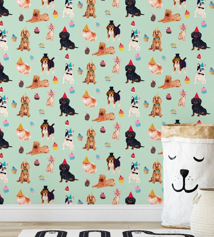 GW9012 Party Dogs and Cupcakes Peel and Stick Wallpaper Roll 19 inch Wide x 18 ft. Long Green Pink Beige Blue