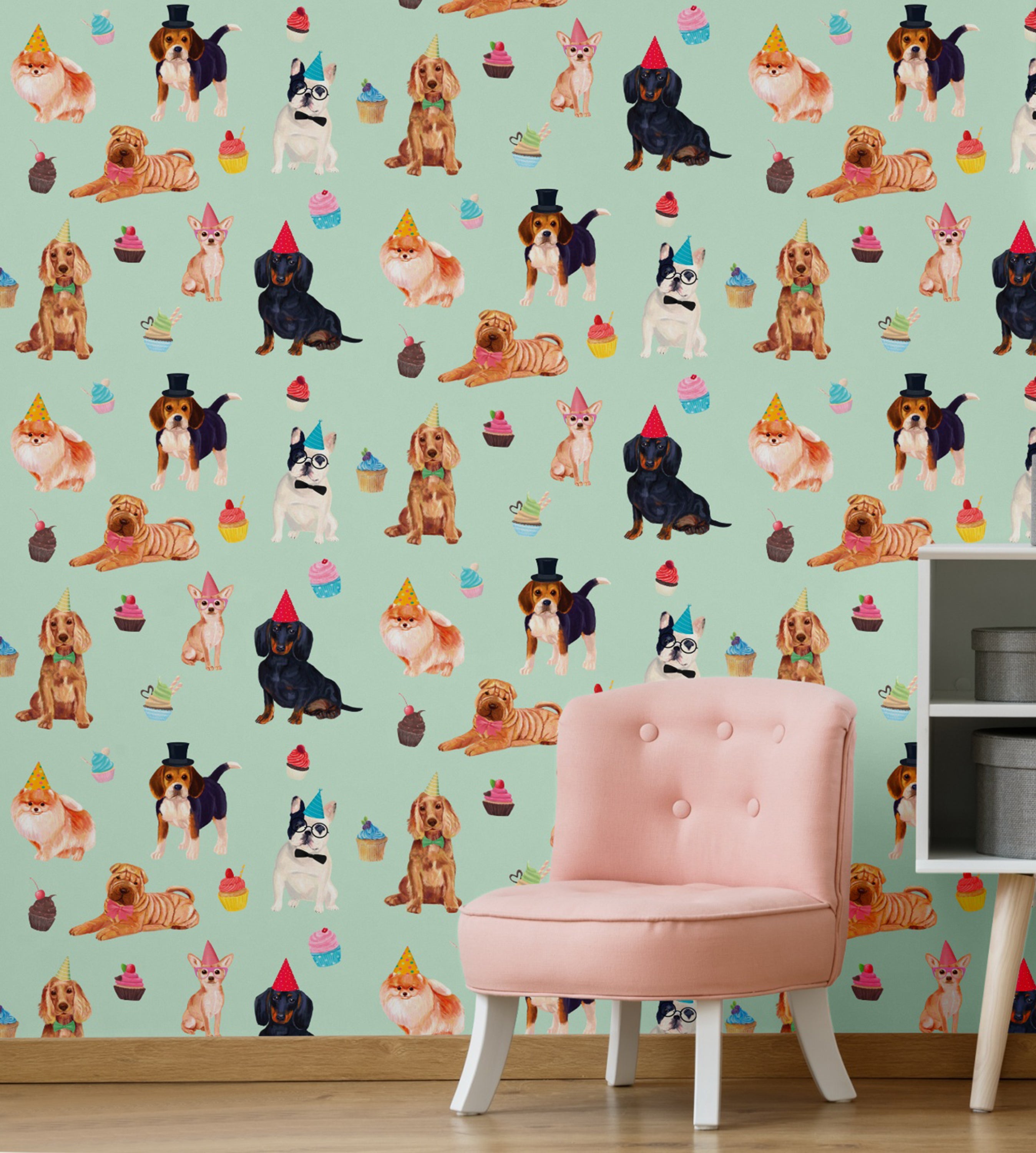 GW9012 Party Dogs and Cupcakes Peel and Stick Wallpaper Roll 20.5 inch Wide x 18 ft. Long, Green Pink Beige Blue