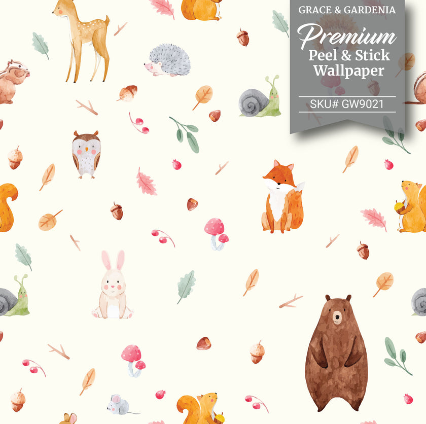 GW9021 Painted Forest Animals Peel and Stick Wallpaper Roll 19 inch Wide x 18 ft. Long, Cream Brown Orange Green