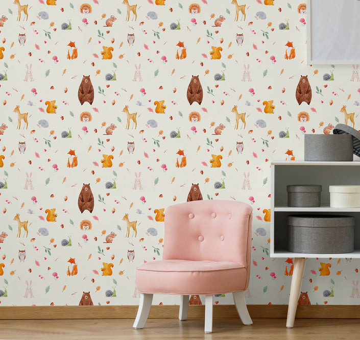 GW9021 Painted Forest Animals Peel and Stick Wallpaper Roll 19 inch Wide x 18 ft. Long, Cream Brown Orange Green