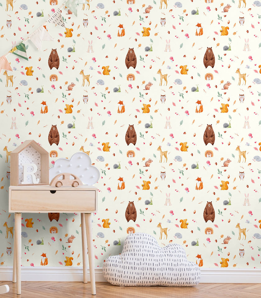 GW9021 Painted Forest Animals Peel and Stick Wallpaper Roll 19 inch Wide x 18 ft. Long, Cream Brown Orange Green