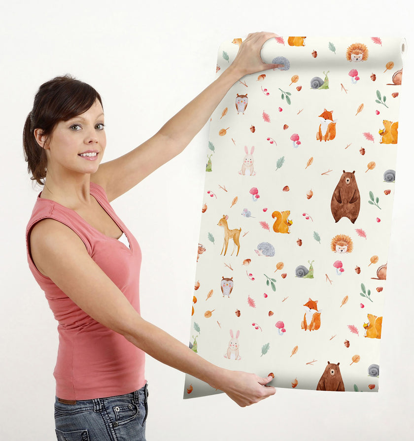GW9021 Painted Forest Animals Peel and Stick Wallpaper Roll 19 inch Wide x 18 ft. Long, Cream Brown Orange Green