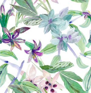 GP1001 Grace & Gardenia - Tropical Watercolor Floral Peel and Stick 6 Ft x 26 In Wallpaper Panel Green/Blue/Purp