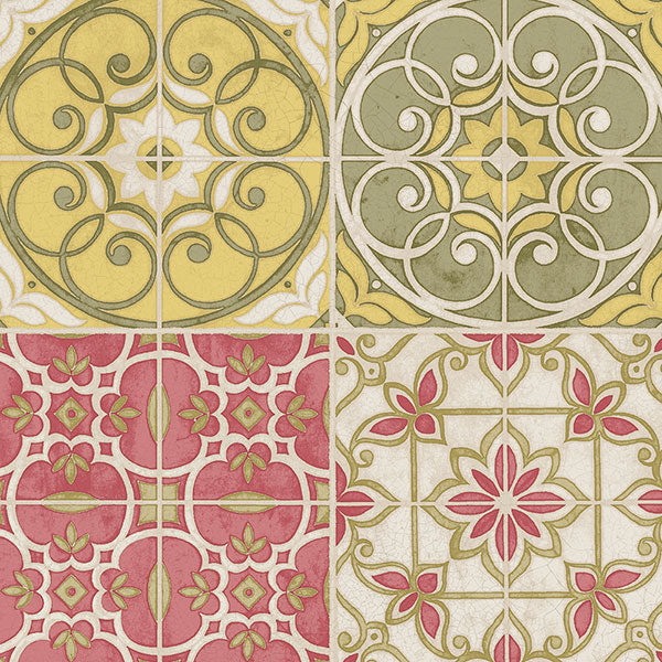 Norwall Wallcoverings KE29949 Kitchen Elements Portuguese Tiles Wallpaper Green, Yellow, Red