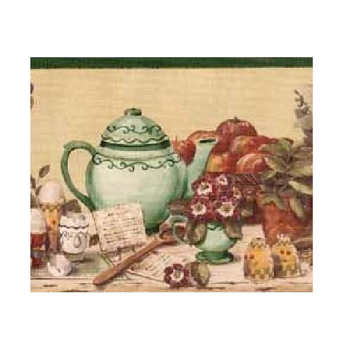 Warner KT003132B Tea Pot and Fruits Wallpaper Border, Dark Green