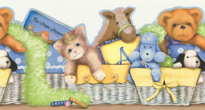Wallpaper for less RU8128B Stuffed Animals In Baskets Wallpaper Border, White