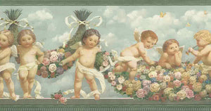 Warner Faded Angels VS104363 Floral Wallpaper Border, Green, Blue Sky